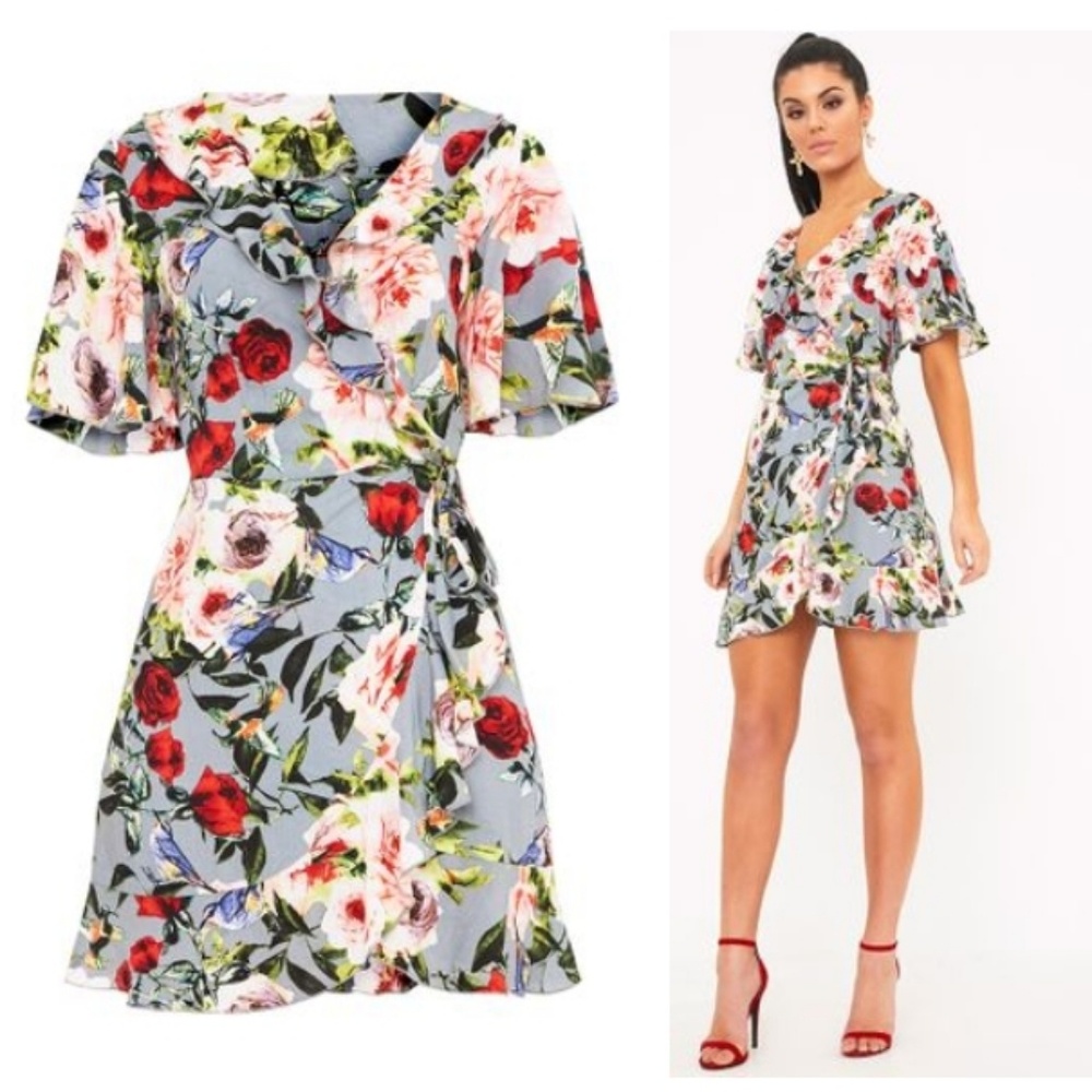 Whimsical Fairy Multi-Color Rose Garden/ Bird Print True Wrap Mini Dress Sz 8